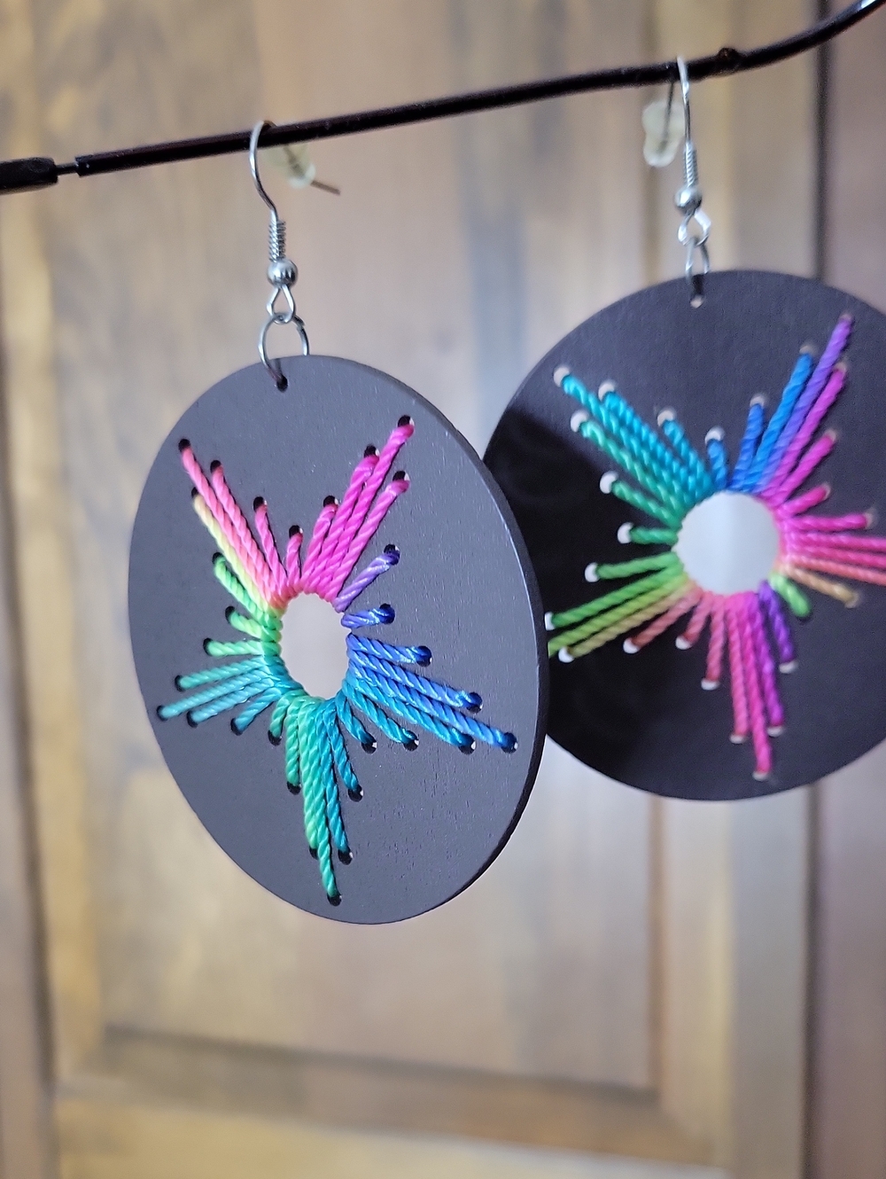 Rainbow Threaded Round Earrings With  Starburst Design